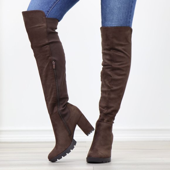 Brown Thigh High Over The Knee Lug Block Heel Boots Faux Suede Round Toe - Picture 14 of 16